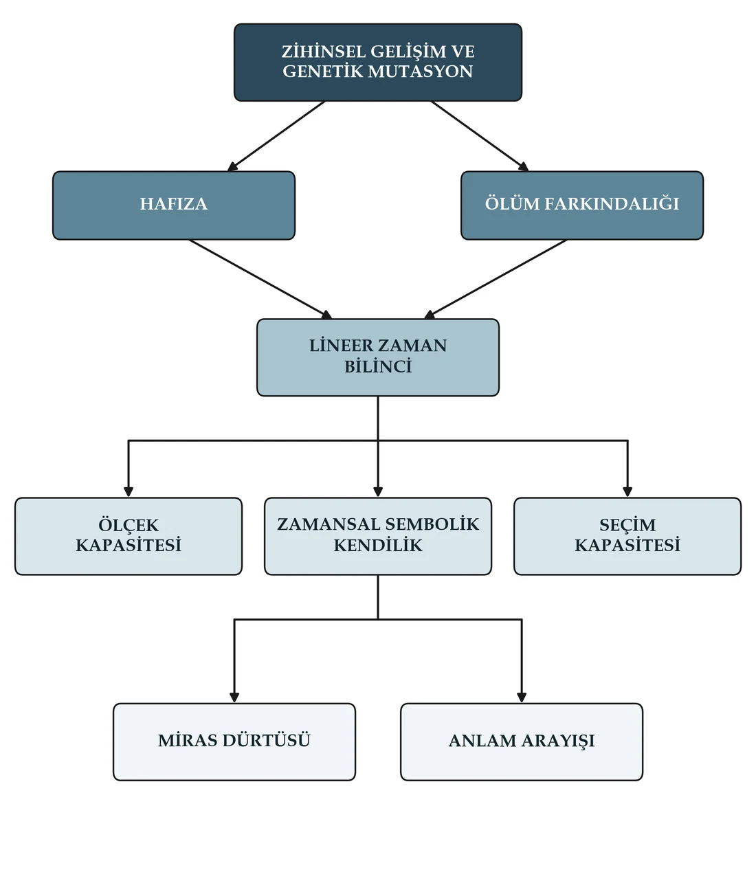 Zihinsel gelişim ve genetik mutasyondan hafıza ile ölüm farkındalığına, oradan lineer zaman bilincine; lineer zaman bilincinden ölçek kapasitesi, zamansal sembolik kendilik ve seçim kapasitesine; zamansal sembolik kendilikten miras dürtüsü ile anlam arayışına uzanan şema.